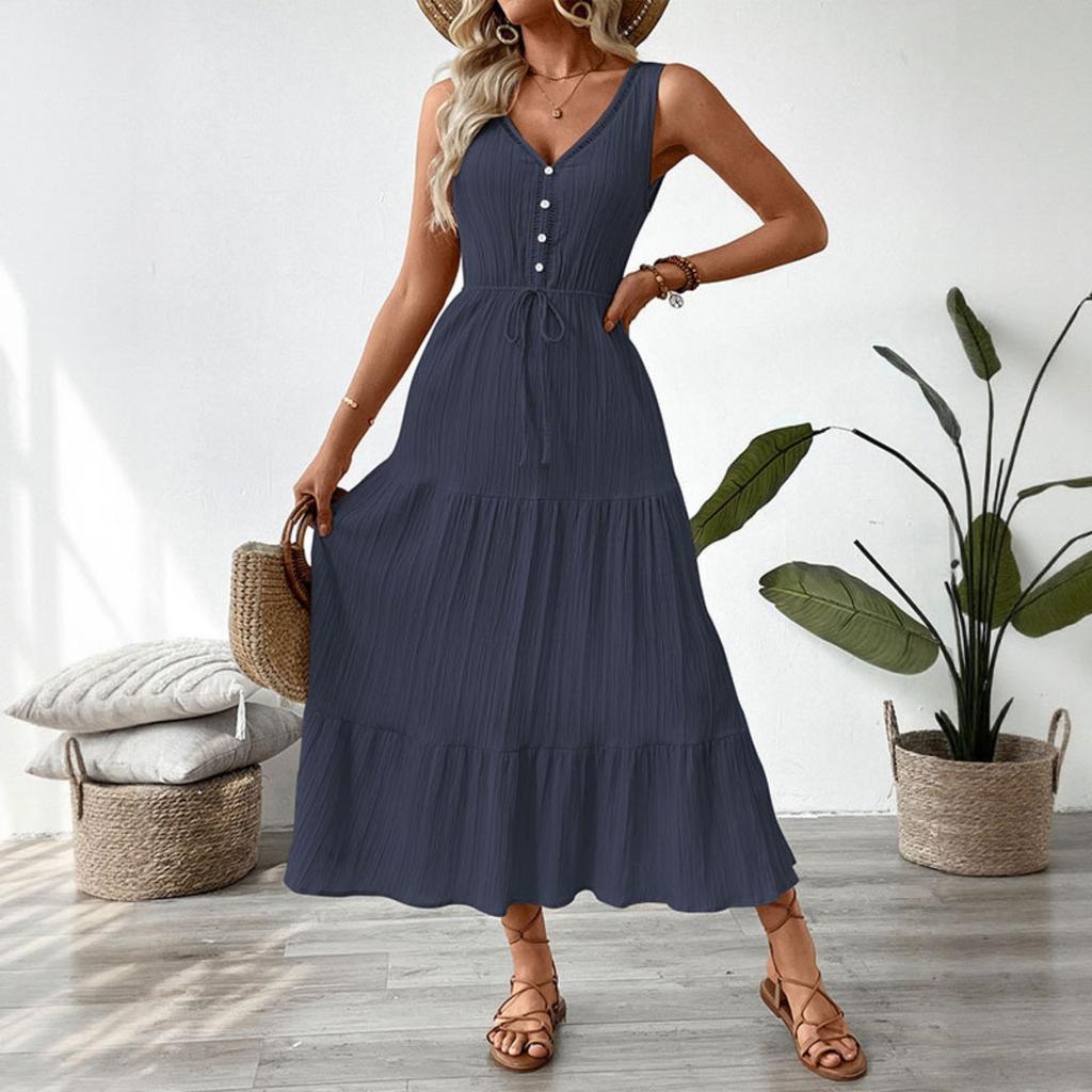 New Women's Summer Dress European Style Simple Solid Color V-neck Sleeveless Strappy Casual Dress