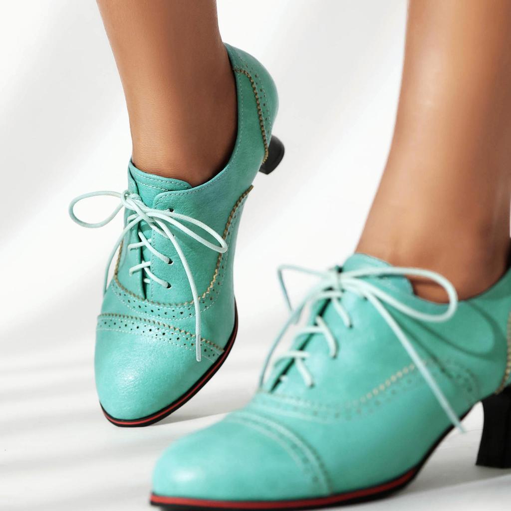 Q/Damen-Einzelschuhe mit hohem Absatz, Retro-Stil im britischen Stil, einfarbig, große Schnür-Low-Top-Schuhe