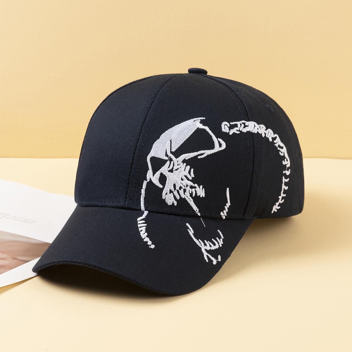 Simple and fashionable side-embroidered skull baseball cap, soft top adjustable curved brim baseball cap, daily matching One Size