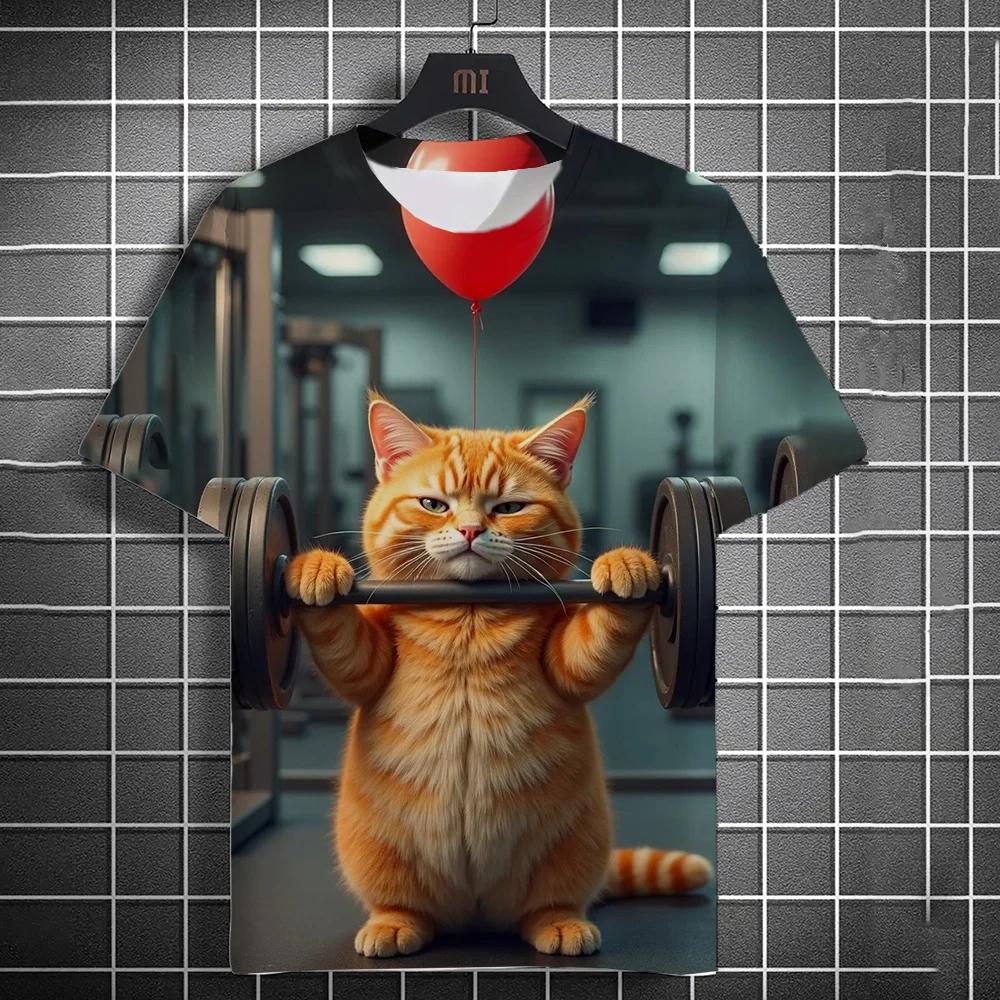 3D Fitness Cat Print Short Sleeve T-Shirts Oversized Clothing Summer Street Casual Top Fun Animal Men's T-shirts
