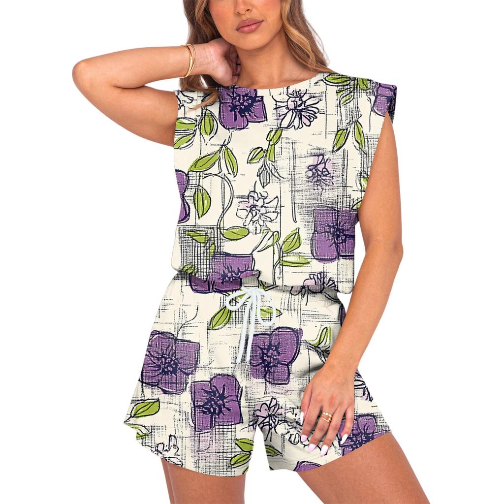 Women's Jumpsuit Floral Print Spring Summer Cap Sleeves Adjustable Drawstring Waist Comfortable Casual Short Jumpsuit With Pockets