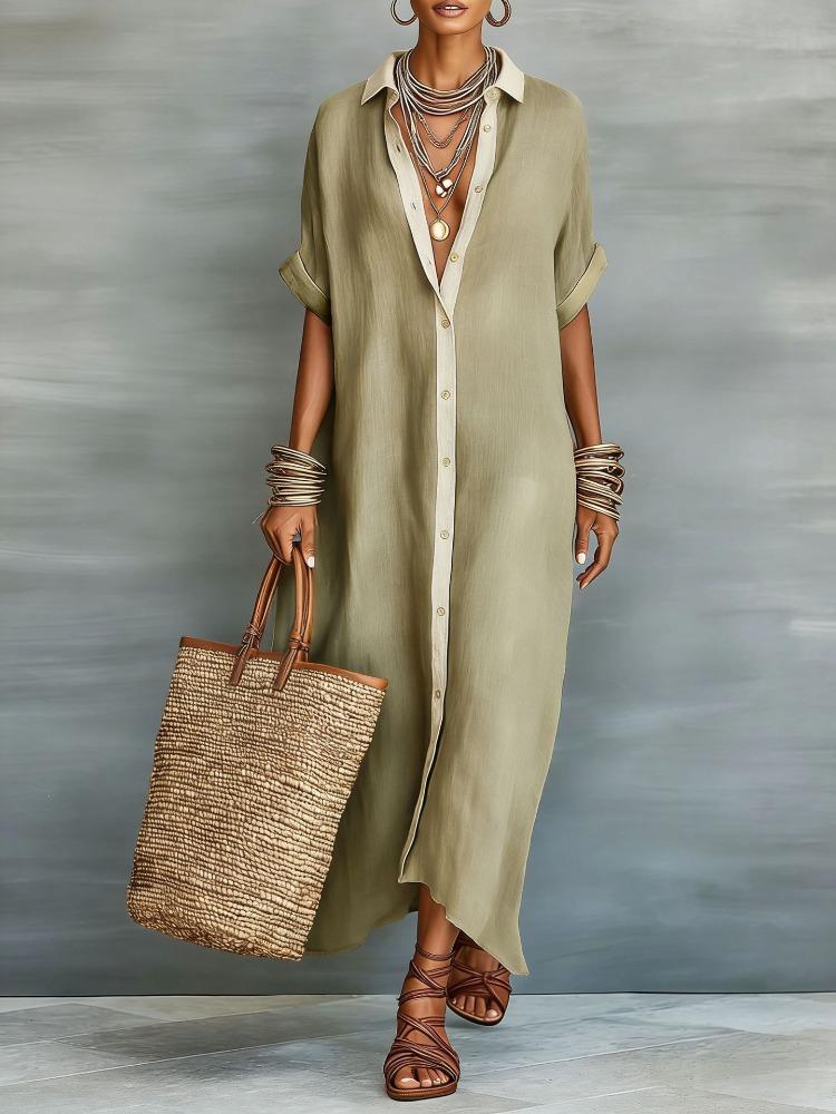 Women's Colour-blocked Loose-fit Long-Sleeve Cotton-Linen Polo Neck Shirt Dress – A Stylish Comfortable and Casual Dress for Women