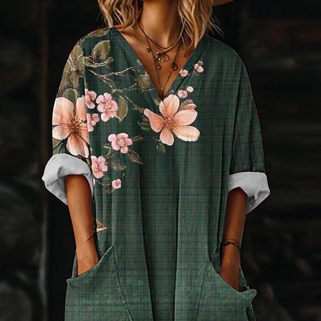 Loose Fit V Neck Floral Print Maxi Dress with Short Sleeves and Pockets Comfortable Casual Style Kaftan for Women