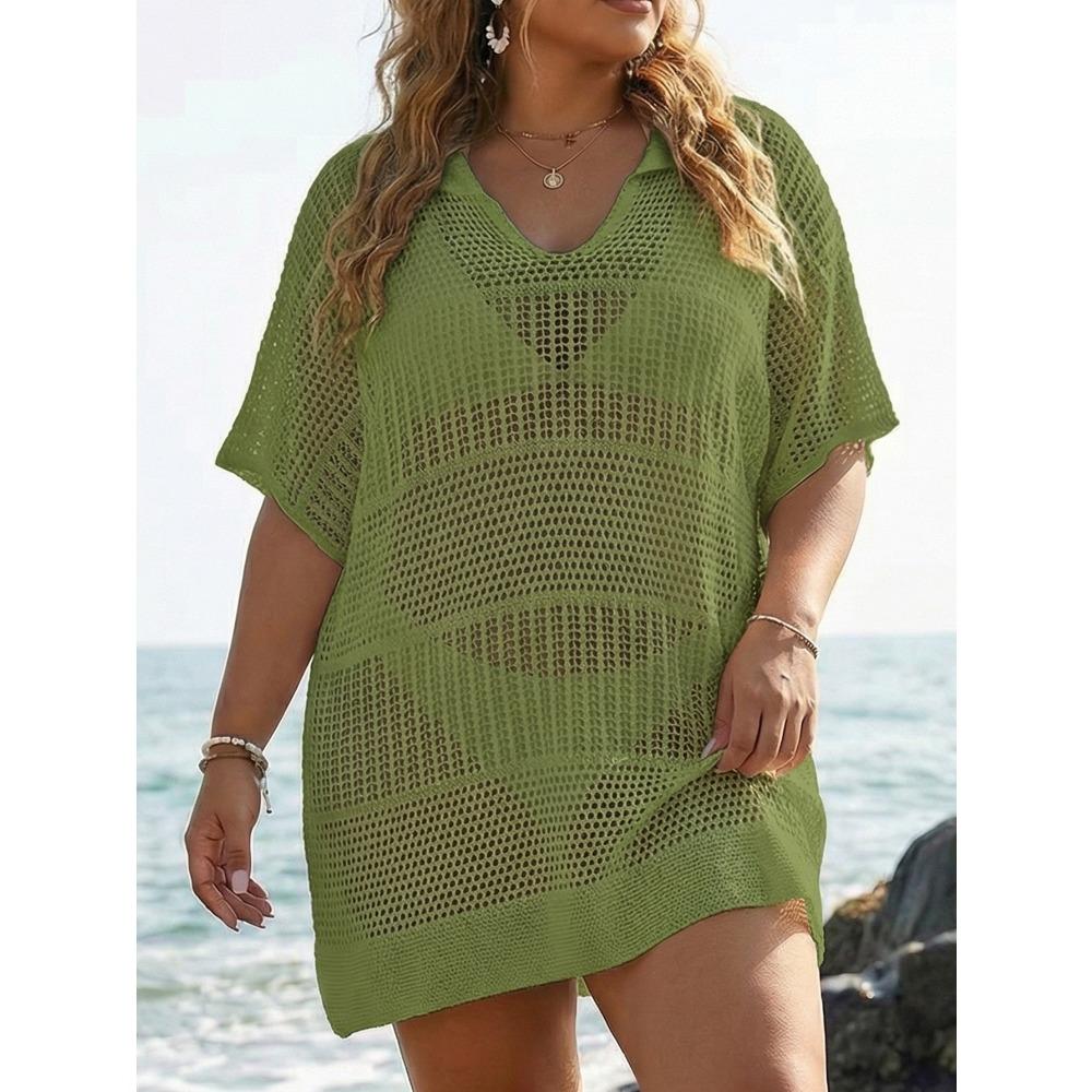 Plus-size Women's Beach Cover-up Polo-neck Top Loose Woven Shirt Sexy See-through Bikini Outerwear
