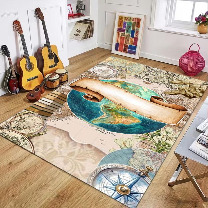 

World Map Rug Retro Travel Carpet Non-slip Washable Floor Mat Landmark Lighthouse Train Design for Living Room Bedroom Decor 40X60cm