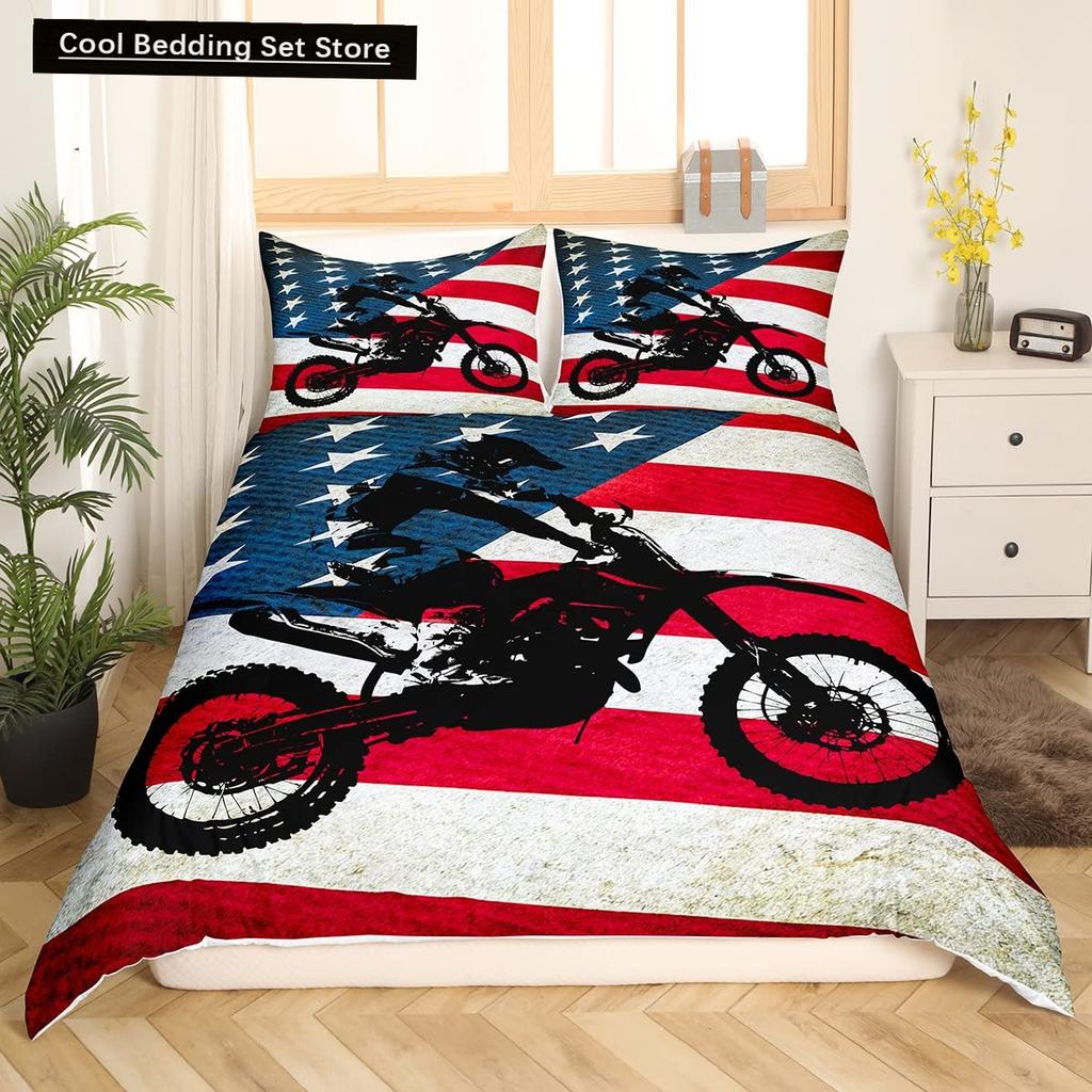 Dirt Bike King Queen Duvet Cover Motocross Sports Bedding Set Motorcycle Quilt Cover Youth Cool Black White Soft Comforter Cover