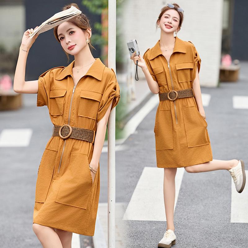 

Летнее платье в стиле легкой роскоши для работы 2025: Свободный крой с поясом, Модель ME5616 L (110-120 Jin) оранжевый