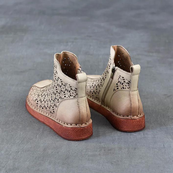 Johnature Ethnic Style Retro Soft Soled Hollow Out Boots Versatile Genuine Leather Flat Women's Sandals