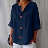 Spring and Summer New Loose T-shirt Women's V-neck Cotton and Linen Button Simple Solid Color Top