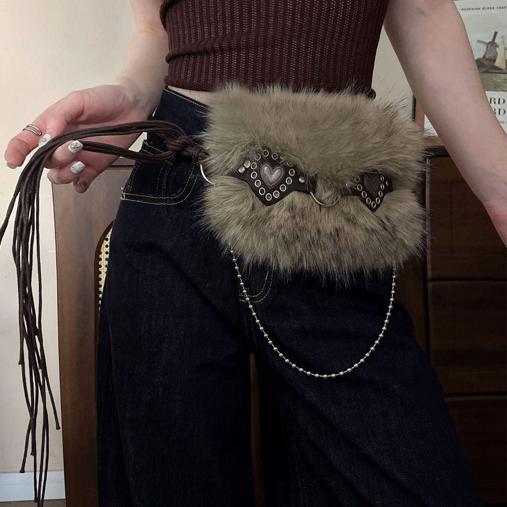 Retro Leather Fur Belt Spicy Girl Style Y2K Plush Waist Belt Fashion Furry Waistband  Daily