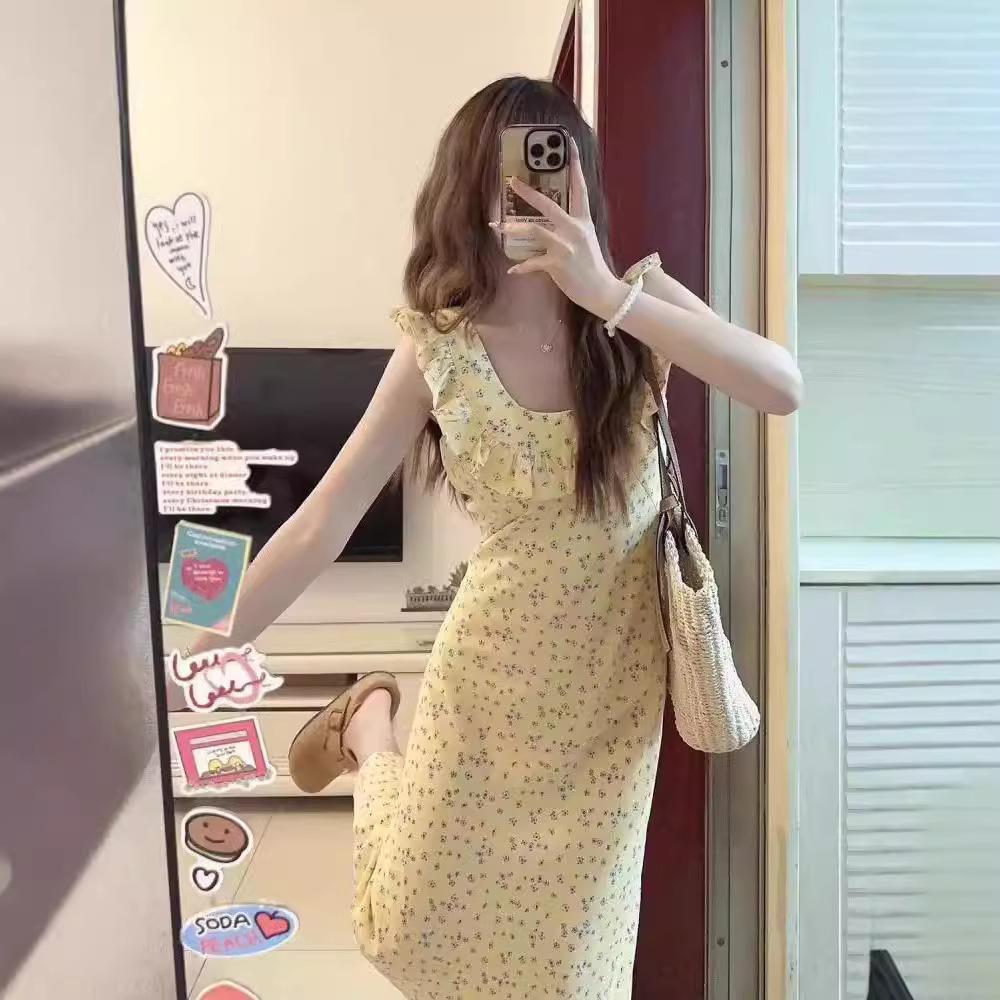 French retro floral dress medium and long temperament lady square neck ruffle edge skirt children's summer knee dress