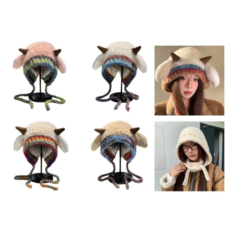 Plush Horn Knitted Hat With Soft Pompoms For Women Men Kids Winter Outdoor Activity Multiple Colors