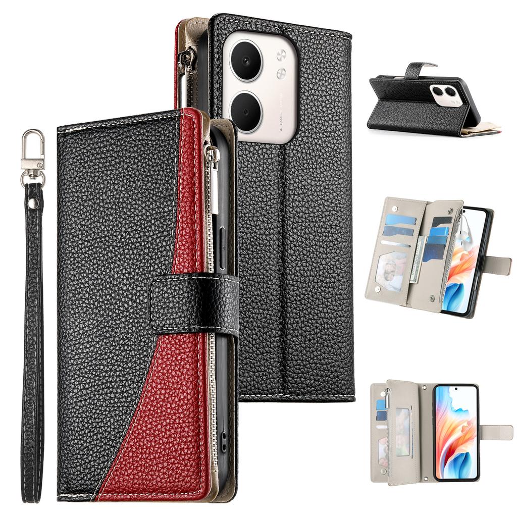 For Oppo A5x 5G/4G Case Zipper Wallet Color Splicing Leather Flip Phone Cover with Straps