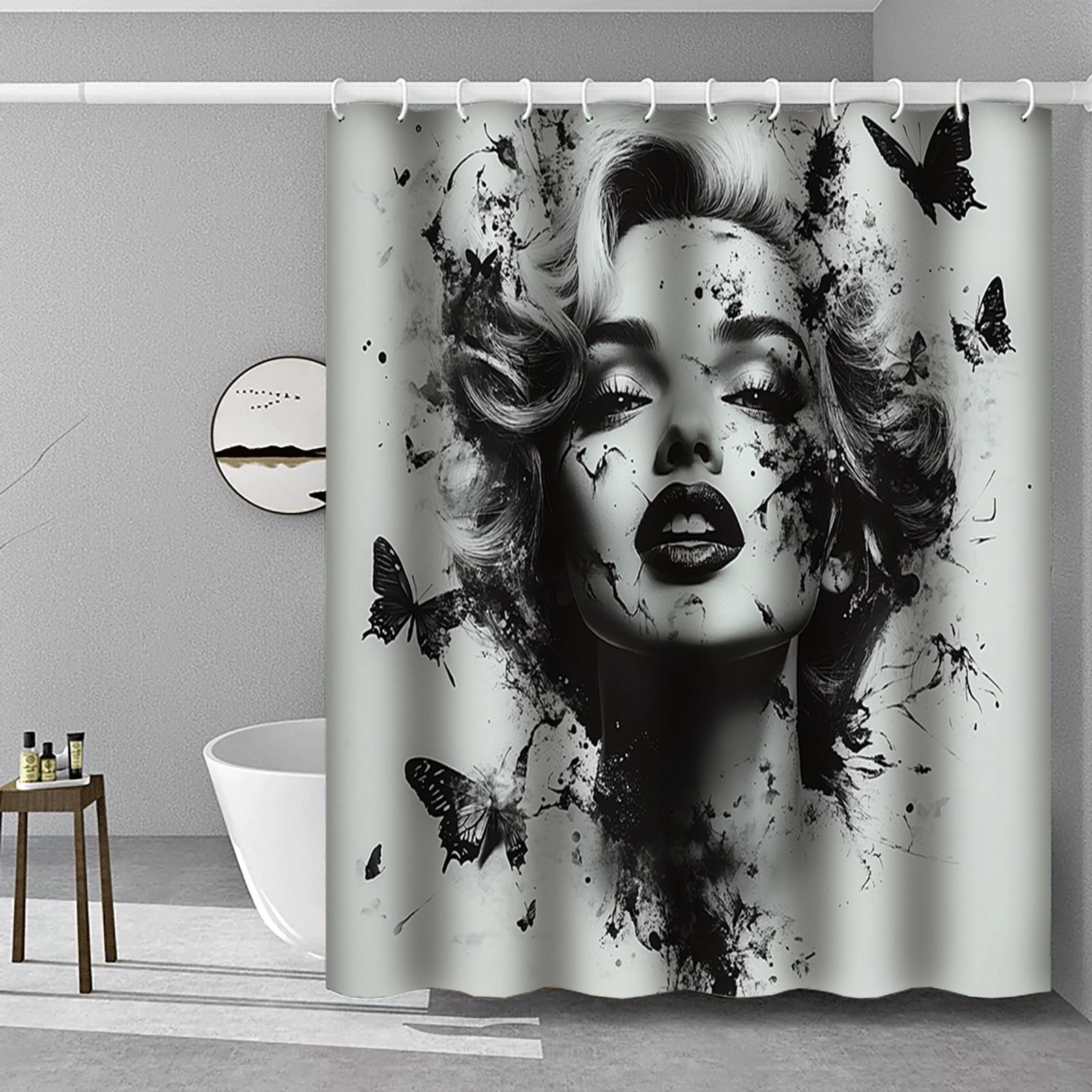 

Butterfly Woman Curtain - Chic Black & White, Polyester, 47In, Easy To Clean, Hooks Included, Modern Bath W60H190(CM)-1 Pcs