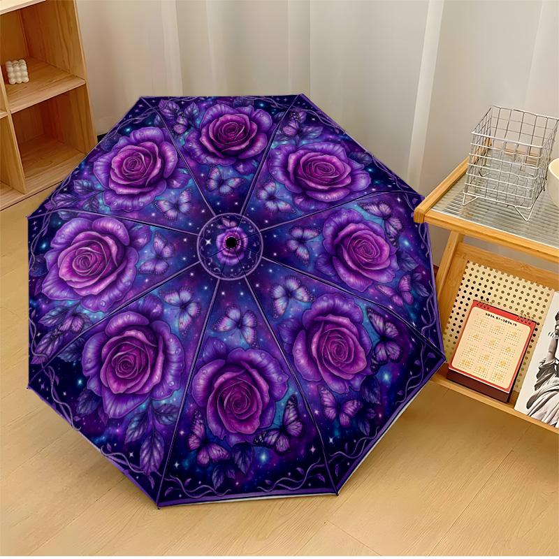 

Purple Rose Butterfly Octagon Art Theme Automatic Umbrella Compact 8-Rib Design Sturdy Construction Durable Umbrella Stylish Accessory