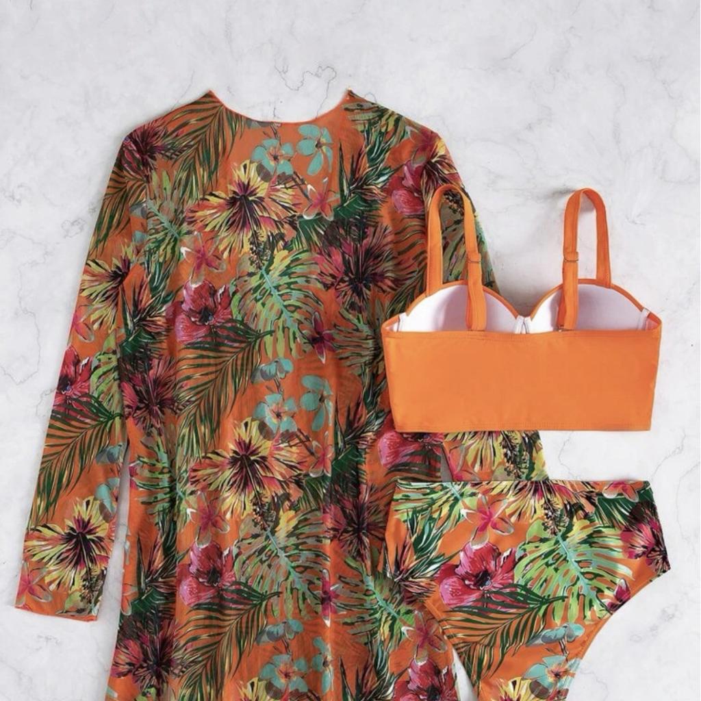 The New European And American Sexy Mesh Bikini Three-Piece Set Gathers And Splits The Printed Swimsuit For Women