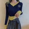 Women's V-neck Sweater Spring Autumn Long-sleeved Knitted Cropped Top Sweater Color-block Pullover Jumper