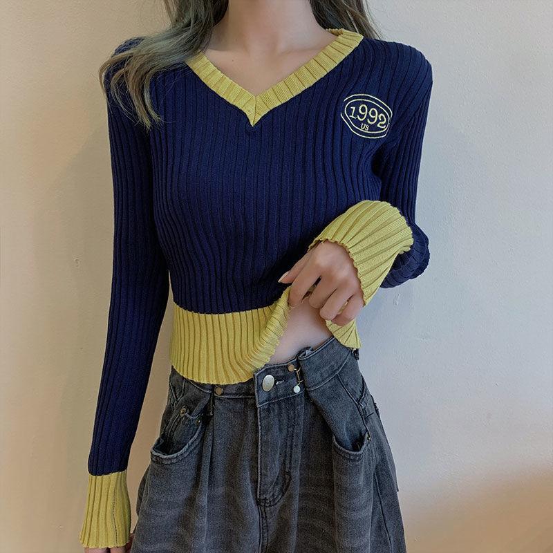 Women's V-neck Sweater Spring Autumn Long-sleeved Knitted Cropped Top Sweater Color-block Pullover Jumper