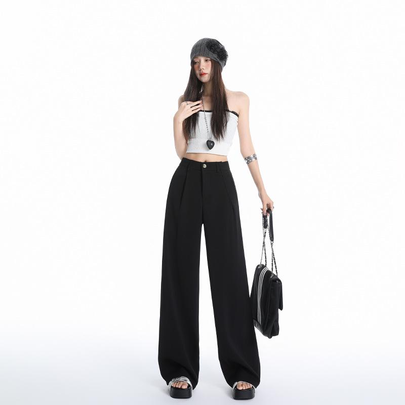 2026 Women's Black Slimming Wide-Leg Casual Pants, Plus Size, Soft Thin Fabric, Straight-Leg Design.