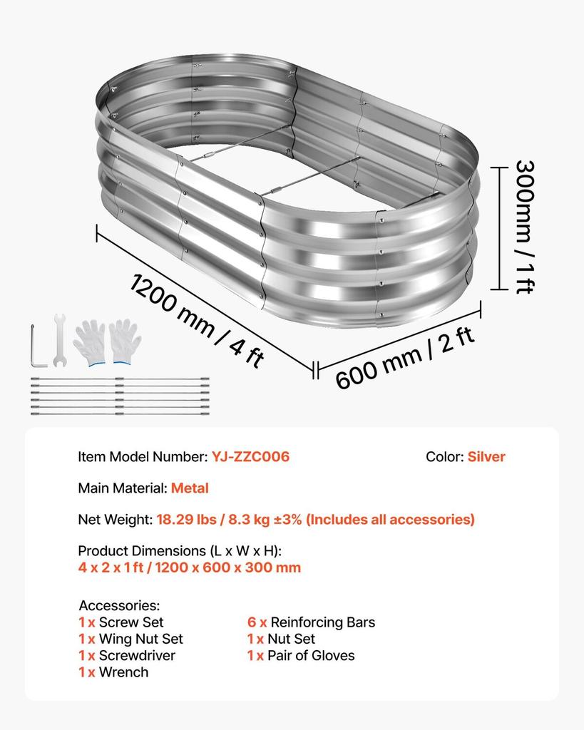 2 Pack Galvanized Raised Garden Beds, 1200 X 600 X 300 Mm, Oval Metal Planter Boxes Kit Outdoor, Bottomless Elevated Garden Box with Gloves, Alu-Zinc,
