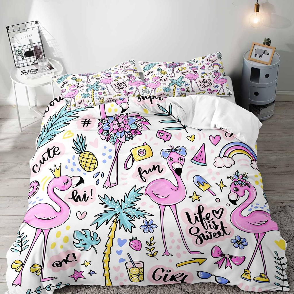 Flamingo Duvet Cover Set Tropical Animal Pattern King Bedding Set Girls Pink Floral Quilt Cover Queen Full Comforter Covers 3Pcs