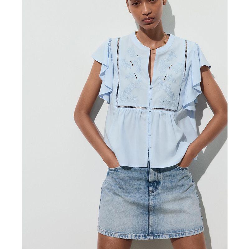 Summer New Product Women's Clothes French Hollow Embroider Laminated Decoration Lapel Short Sleeve Casual Shirt 8574023