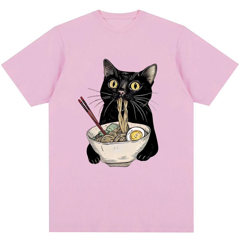 Funny Noodle Ramen Black Cat Graphic T-shirt Fashion Men's Women's Popular Short Sleeve Y2K Oversized Cotton T Shirts Streetwear