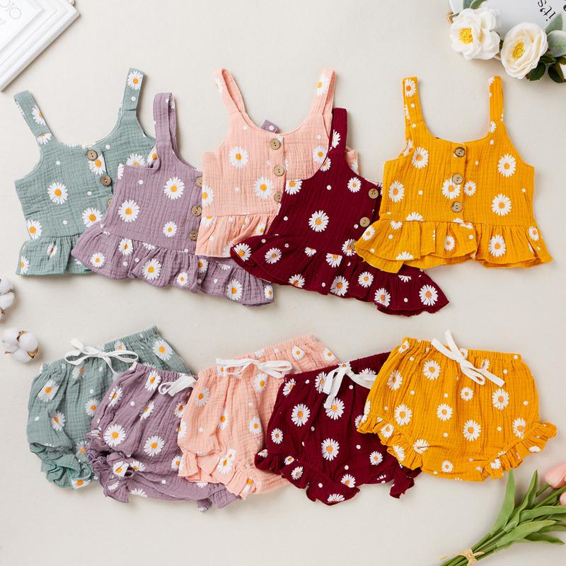 

Girl s Short Suit Sling Kids 2-piece Set Flower Short Pants Home Clothing