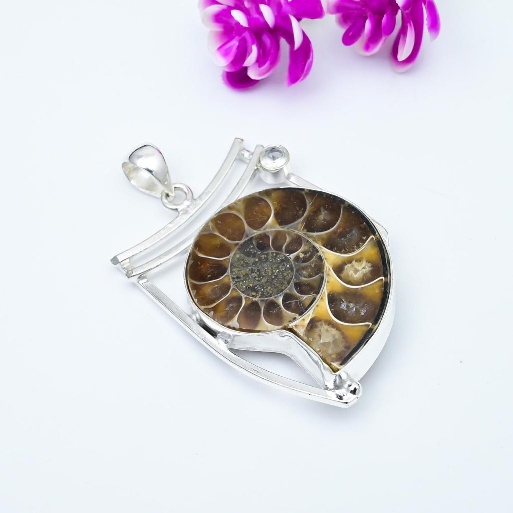 Ammonite Fossil, White Topaz 925 Solid Sterling Silver Pendant, Handmade Gemstone Jewelry Pendant For Memorial Day