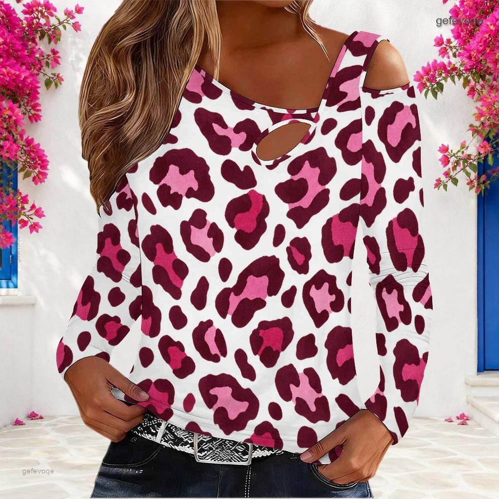 Women Plus Size White Pink Leopard Print Asymmetric Cutout Cold Shoulder Long Sleeve Shirt
