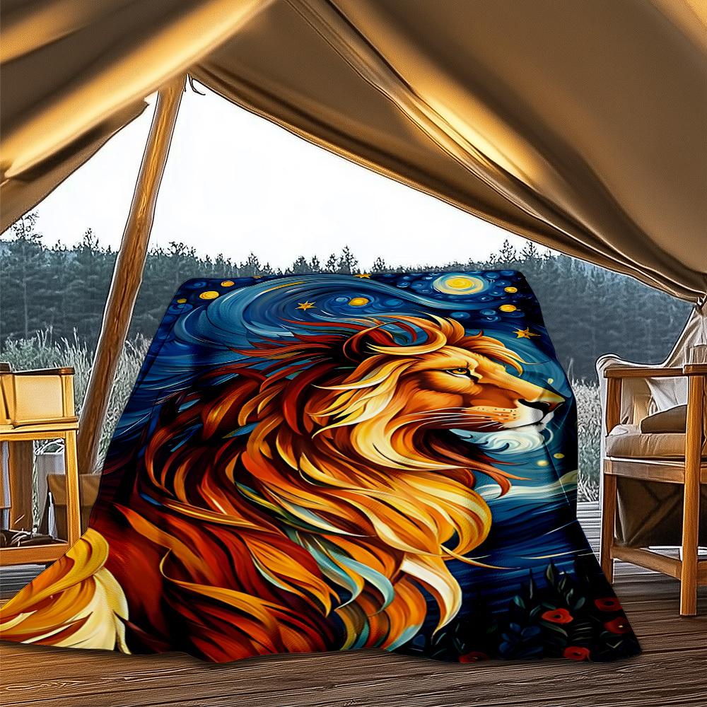 1pc Lion Night Sky Throw Blanket Polyester Fiber, Lightweight Flannel, Soft & Warm, All Season Use for Outdoor, Camping Digital Print 80x120cm