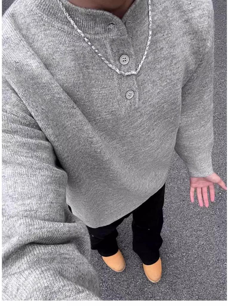 Men's High-End Retro Henley Collar Long Sleeve Knit Sweater for Autumn and Winter