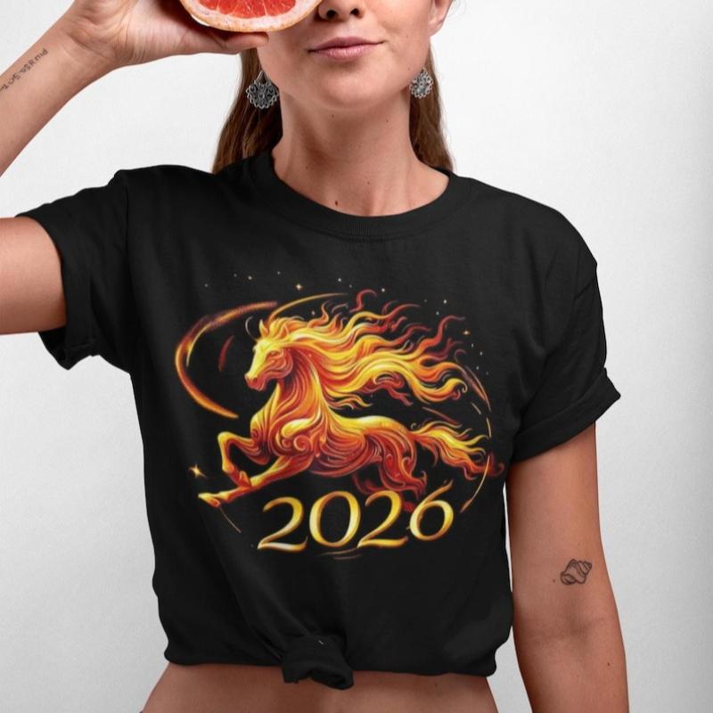 2026 Lunar New Year Chinese Zodiac Crewneck Tee Horse Fire Unisex Printed Tshirt Tops Casual Style Fashion Cotton Shortsleev