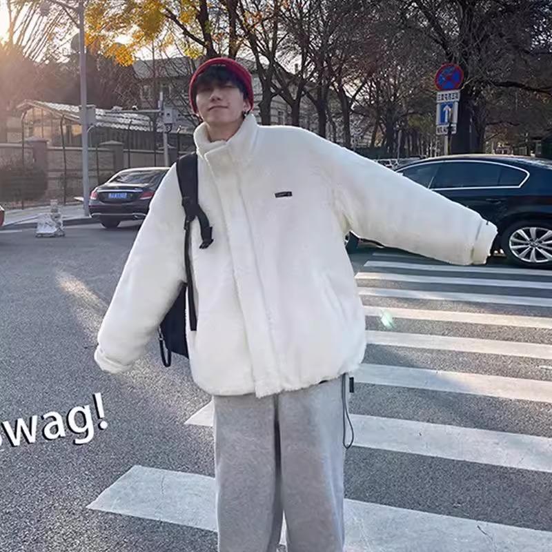 Men's Korean Style Reversible Hong Kong Jacket, Winter Loose Fit, Thick Lamb Wool Cotton Coat, Trendy Couple's Outerwear.