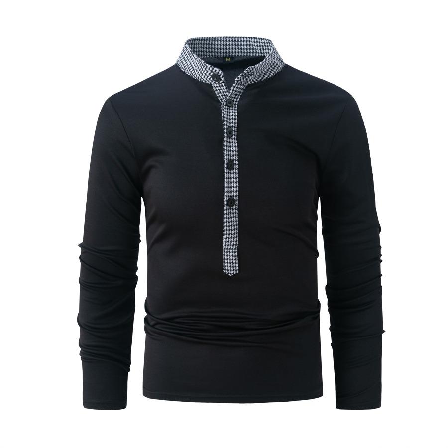 Men's Polo Shirt Long Sleeve Plaid Stand Neck T-shirt Spring Autumn Casual Fit Top Men