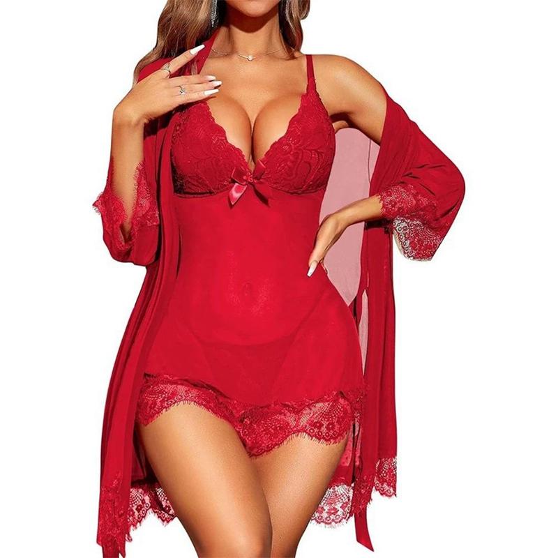 Dámský set šatů Sexy krajka Průhledný Erotické domácí oblečení Pyžamový set Šaty a župan