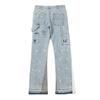 FlowStreet Retro American Torn Fringe Knee Patchwork Micro Flared Black Jeans Youth Fashion Straight Leg Workwear Trousers Wear Resistant