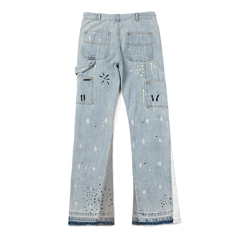 FlowStreet Retro American Torn Fringe Knee Patchwork Micro Flared Black Jeans Youth Fashion Straight Leg Workwear Trousers Wear Resistant