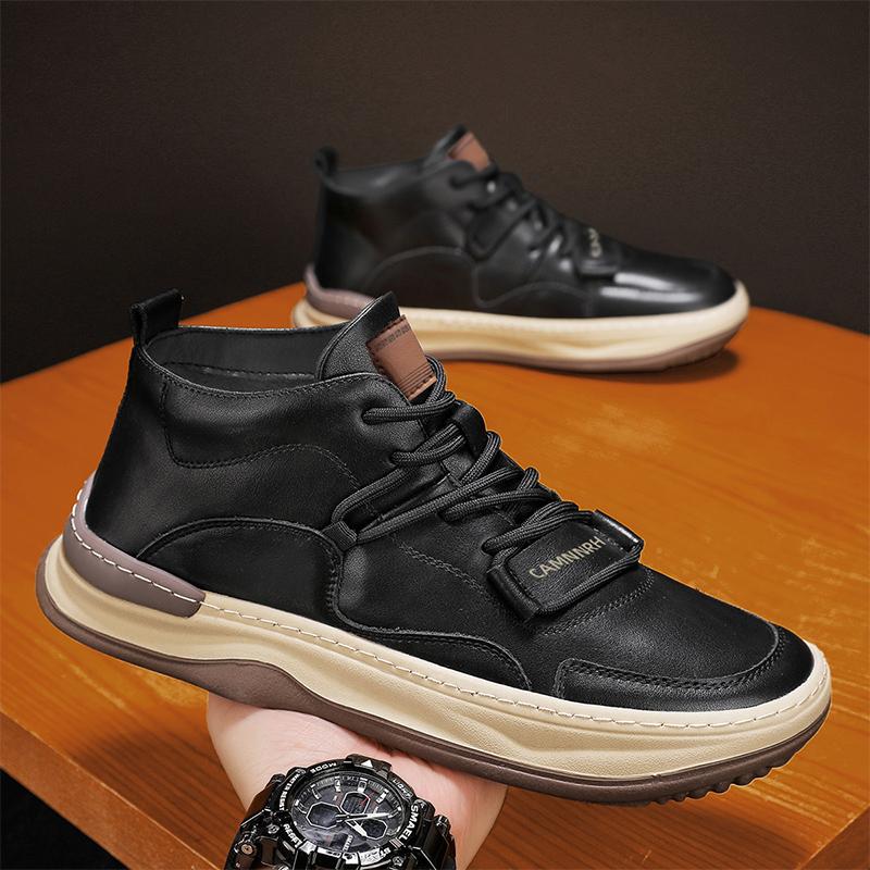Fashion Leather Men's Boots Breathable Anti Slip Casual Sneakers High Top soft Man Ankle Boots Outdoor Non-slip Walking Shoes