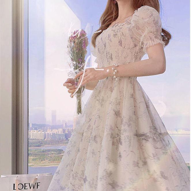 2024 Summer Floral French Ink Puff Sleeve Chiffon Dress