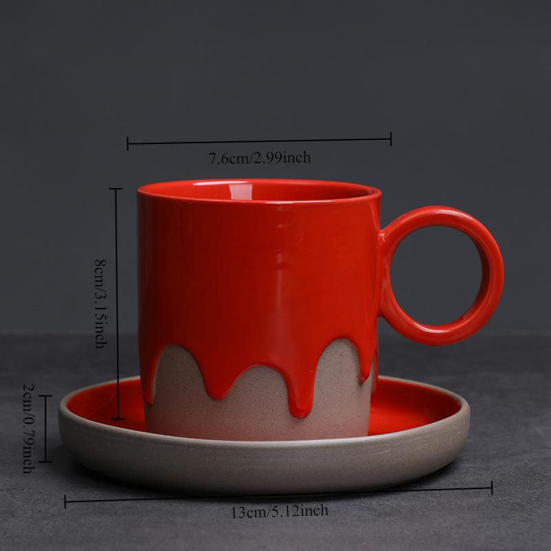 Creative Vintage Style Coarse Pottery Coffee Cup and Saucer Set with Flowing Glaze Finish for Latte Art Home Decor Use Gift Box