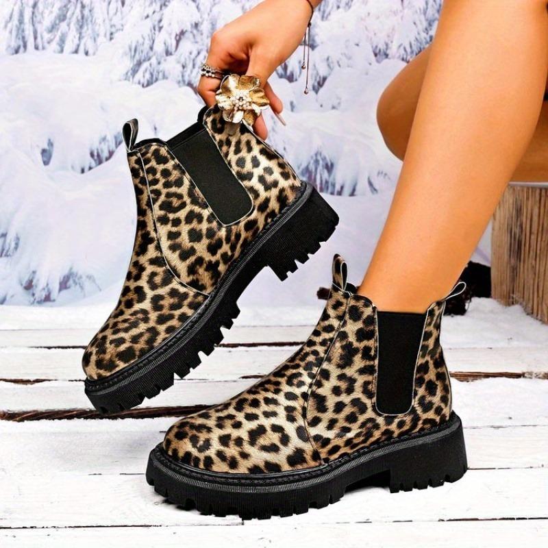 Women's Leopard Print Slip-On Boots - Pull-On Closure, Synthetic Cover Upper with Non-Slip Rubber Sole, All-Season Casual & Formal Footwear