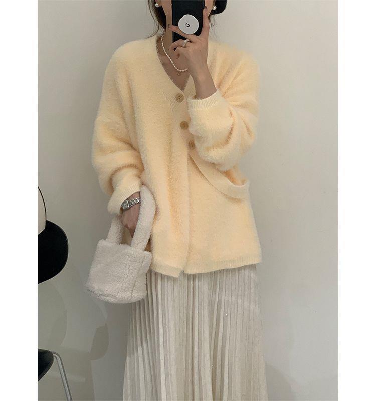 Women's Mid-Length V-Neck Mink Cashmere Cardigan Coat - Autumn/Winter