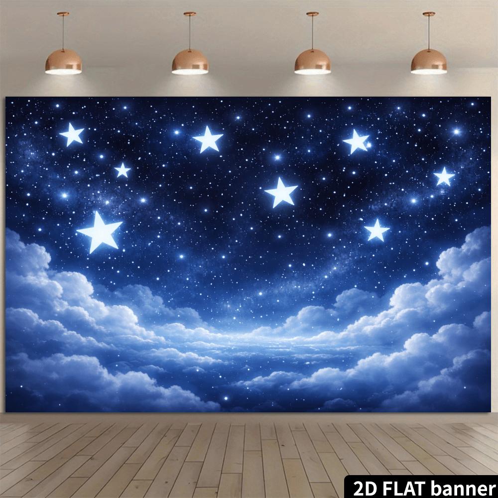2D Plane Dreamy Cloud Sea Starry Sky Background Fabric with a Large Pentagram Pattern Starry Cloud Sea Scene Polyester Fiber