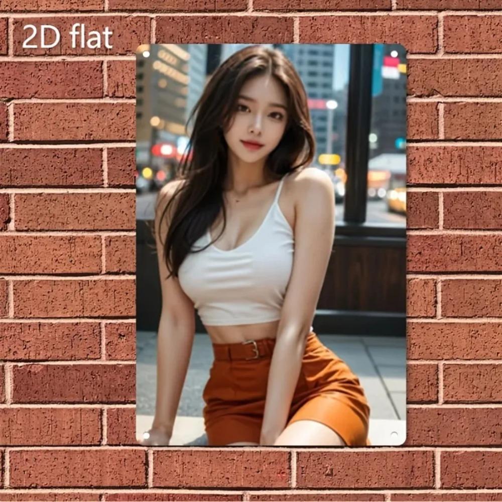 HD Metal Tin Sign Stunning Asian Model In White Crop Top Orange Mini Skirt Retro Metal Wall Art X Inch