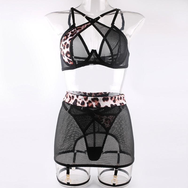High-quality New Splicing Leopard Print Bra Mesh Perspective with Steel Ring Luxury Sexy Underwear Set