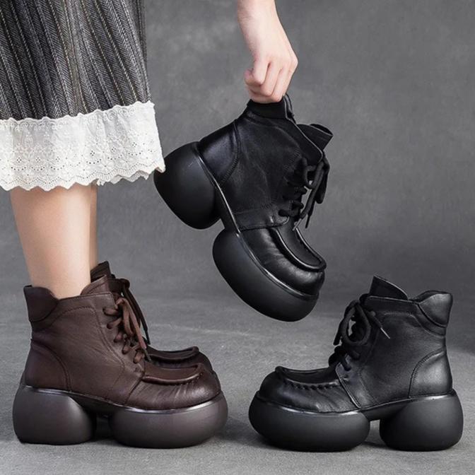 Johnature Botines cortos de felpa de estilo británico retro de cuero genuino con suela gruesa, zapatos de plataforma versátiles para mujer