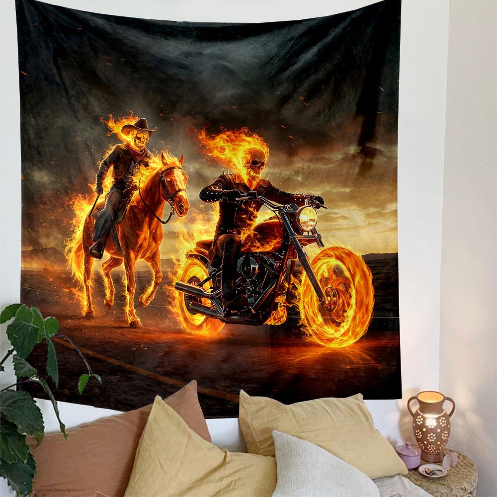 "Fiery Riders: Motorcycle and Horse Scene" Patterned Tapestry Decorative Wall Hanging, Home Bedroom Living Room Decor