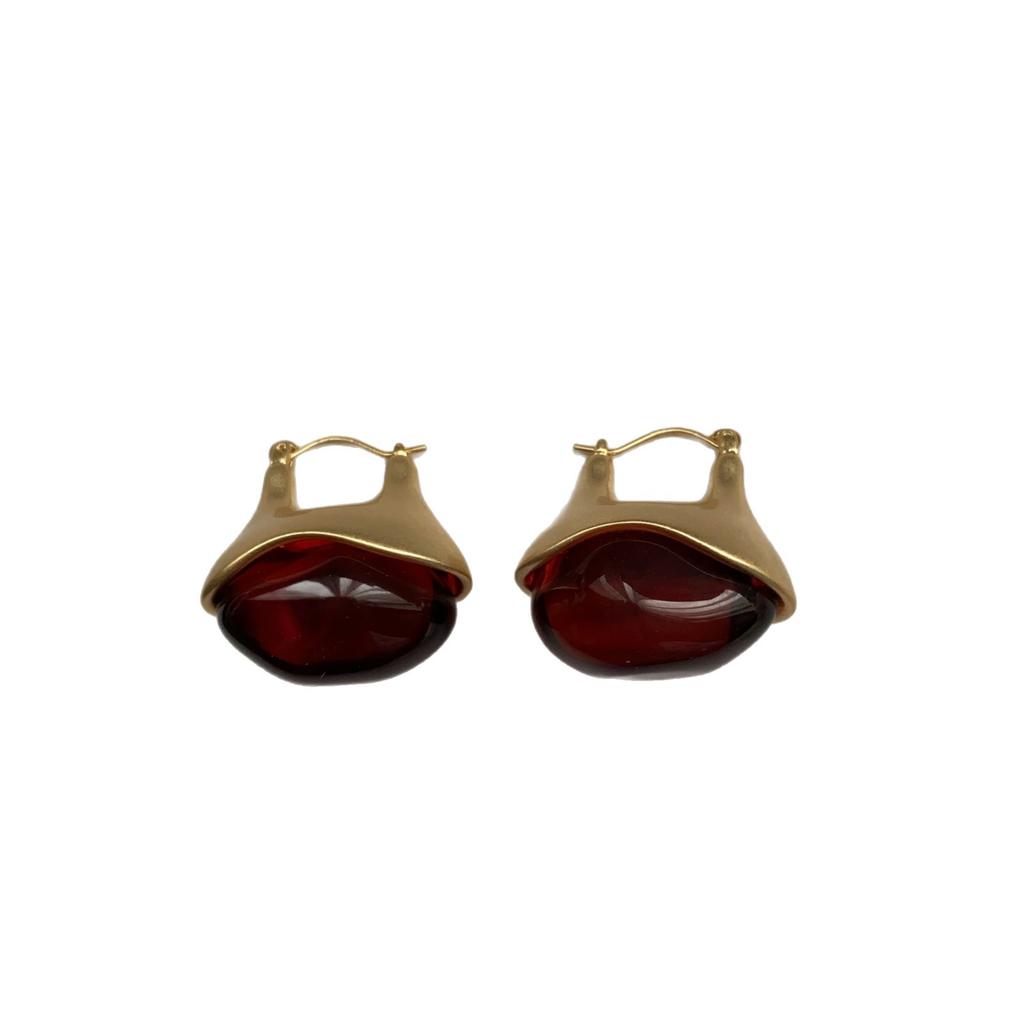 Premium Royal Sister French Retro Transparent Glazed Ear Buckle Earrings Cold Wind Niche High Sense Fashion Metal Earrings