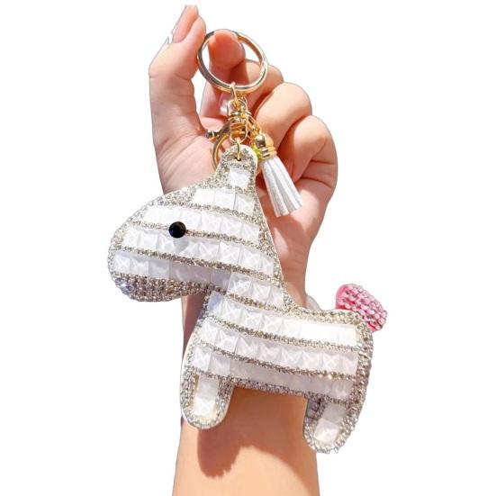 Bag Pendant Sparkling Rhinestones Plaid Pattern Keychain with Tassels Backpacks Handbags Cars Accessories
